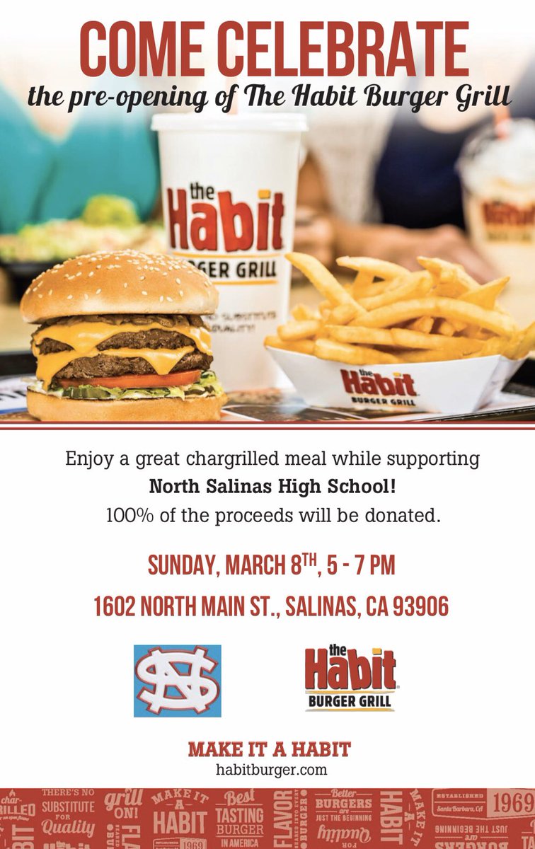 nshs_asb's tweet image. Support North Salinas High School and purchase a meal at The Habit Burger Grill on Sunday, March 8th! ❤️💙🍔