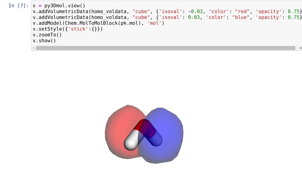 iwatobipen's tweet photo. Rendering molecular orbital on Jupyter notebook #psikit #py3dmol #rdkit #memo https://t.co/9hKDRI7EVS https://t.co/WribQ9ovO6