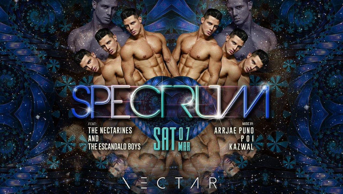 Spectrum Saturday presents:

Special performances by The Nectarines and the Escándalo Boys. With circuit/tribal music by DJs Arrjae Puno, Poi and Kazwal. 

March 7, 2020. Doors open at 10:00 PM.

For reservations, contact +63 917 542 8831.

#SpectrumSaturdays
#NectarOfManila