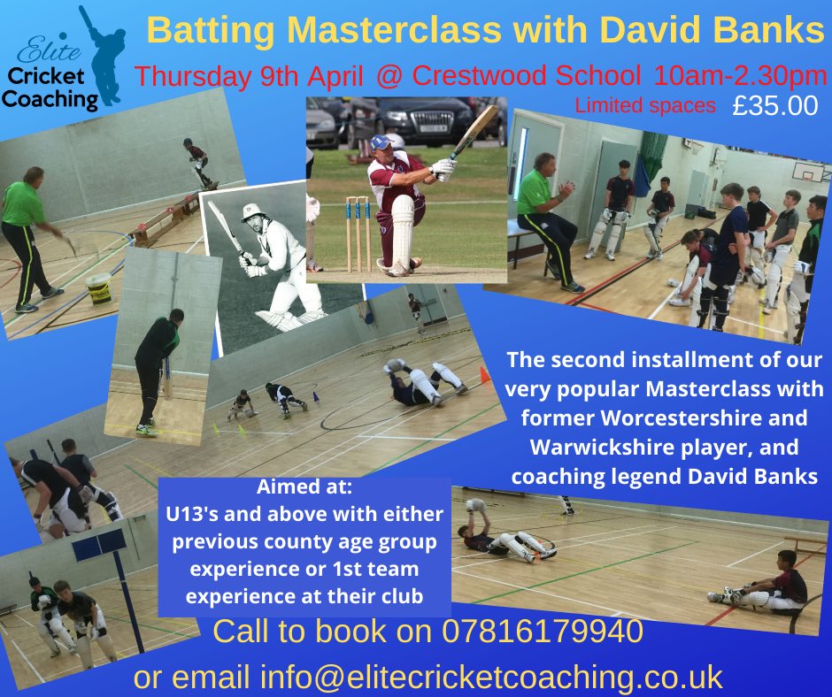 EliteCrickCoach's tweet photo. 🏏💥🐣Batting Masterclass with coaching legend David Banks! 🏏💥🐣

This session is aimed at Under 13's and above with either previous county age group experience or 1st team experience at their club. 

Thursday 9th April @ Crestwood School in Kingswinford.
10am - 2:30pm. £35.00 https://t.co/btA09jUqtW