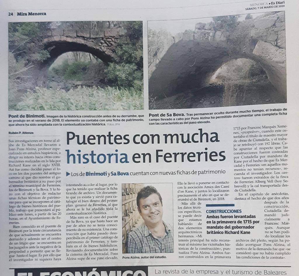 Dilluns tindrem en Joan Pons Alzina que ens presentará aquest interessant treball històric, construcció dels ponts de Binimoti i de Sa Bova. — amb Joan Pons Alzina.
