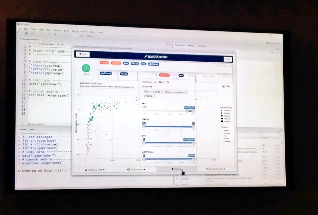 gavinprm's tweet photo. The {esquisse} package looks like a great way to simplify the coding of #ggplot2 figures using drag-and-drop options. Thanks for the demo, @BinxiePeterson! #rstats #satRDayJoburg https://t.co/HadmvMMYSk