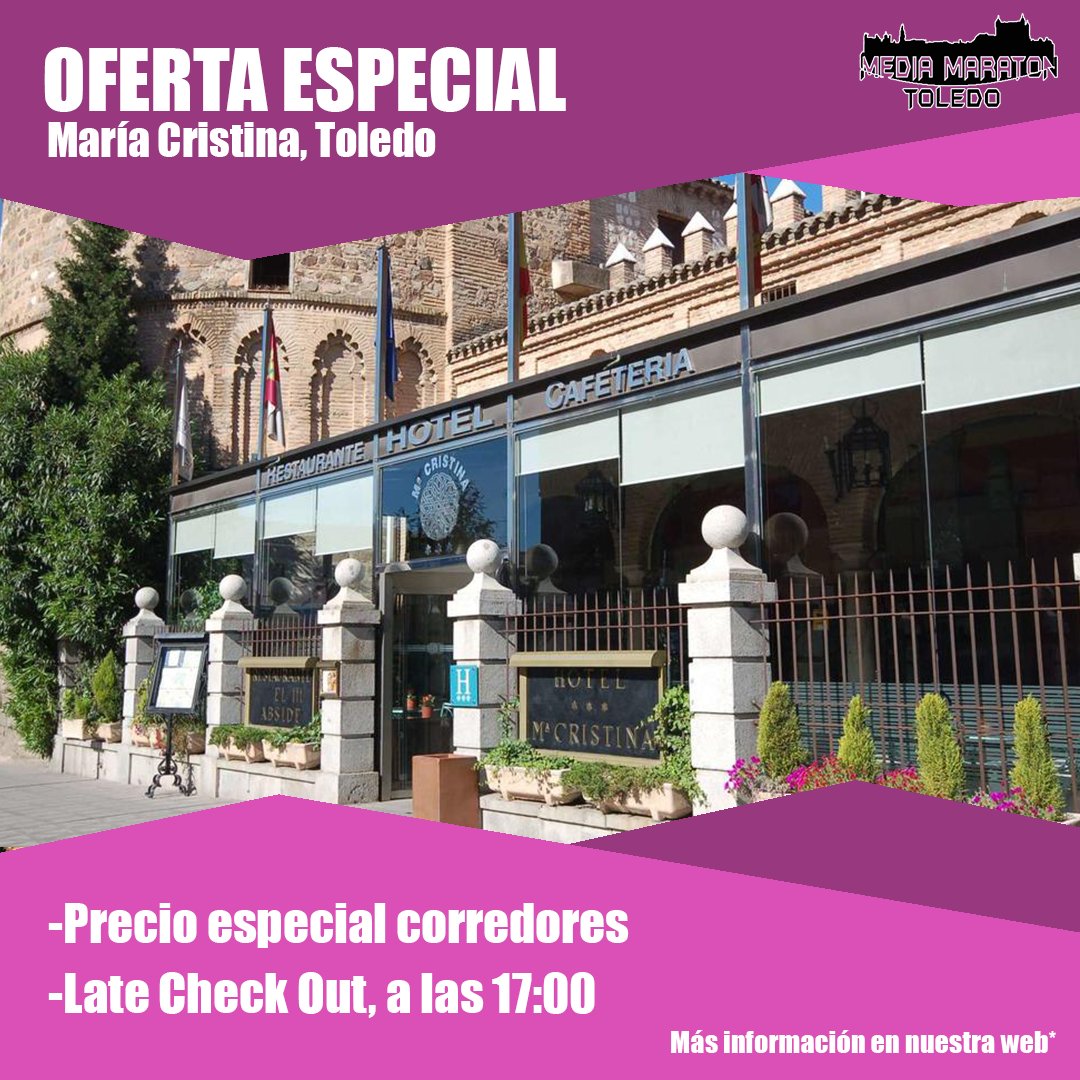 🎊 Hotel Maria Cristina también te ofrece la posibilidad de alojarte a un precio reducido y te da la opción de realizar late check out hasta las 17:00 horas si eres participante de la carrera.

👉 Consulta toda la información aquí  bit.ly/MediaToledoHot…