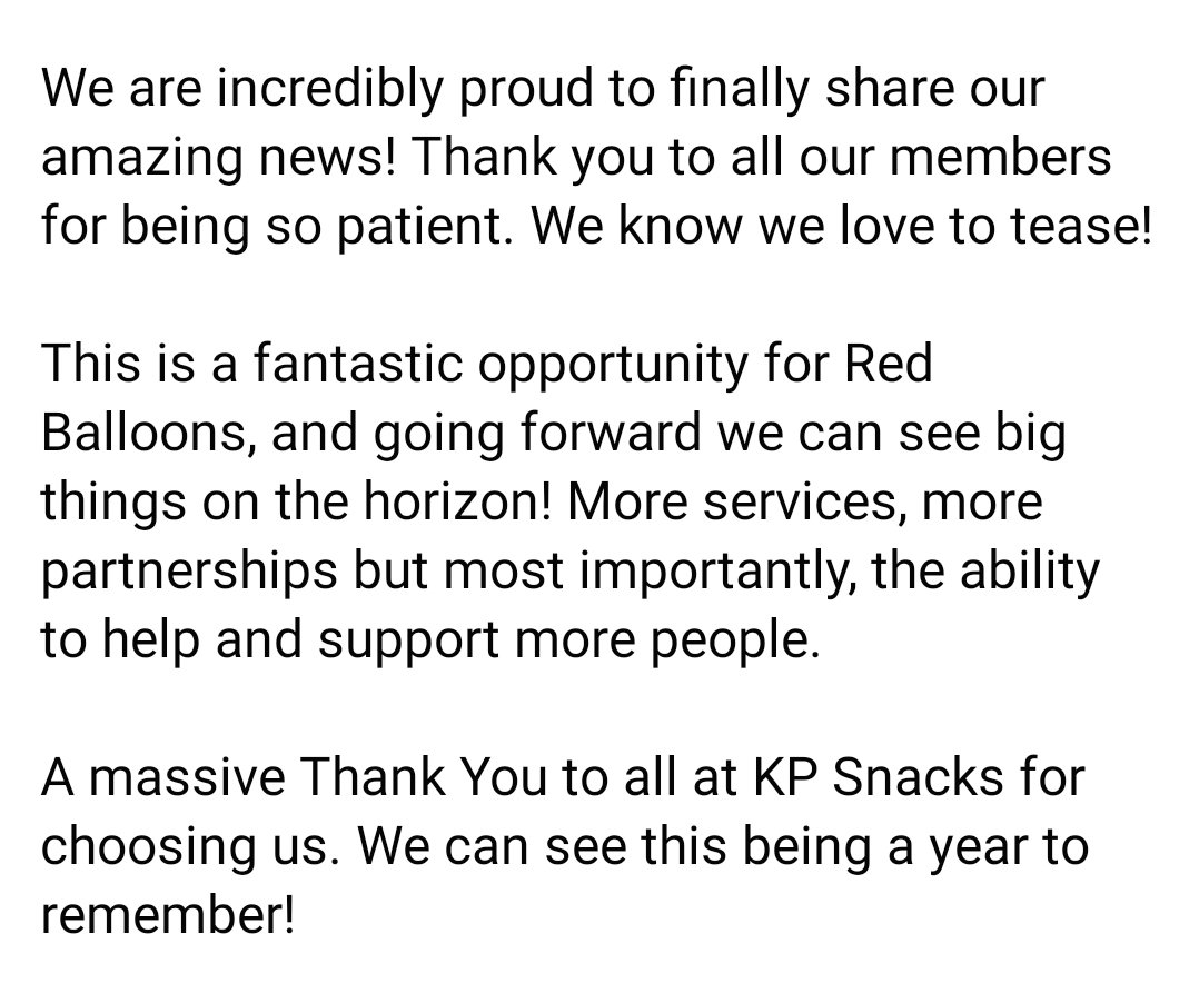 balloons_red's tweet photo. #ShoutOutSaturday
🎈🎈BIG ANNOUNCEMENT REVEALED 🎈🎈
We have successfully been chosen as KP Snack's Charity of the year!
#CharityOfTheYear #KPSnacks #Partnership #WorkingTogether #community #physical #mental #wellbeing #MentalHealthMatters #YesYouCan #BeInspired https://t.co/dGqHbS0T2F