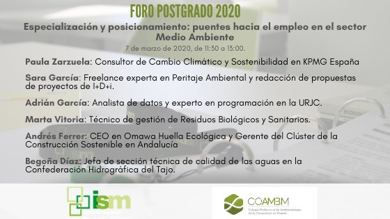 COAMBM's tweet photo. A las 11:30h estaremos en @foropostgrado con el @ISMedioambiente para hablar sobre salidas profesionales de los #Ambientólogos y nos acompañarán:
➡️👩🏻‍💼@paulamambiente 
➡️👩🏻‍🔬 Sara García
➡️🧑🏽‍💻@agbtic
➡️👷🏽‍♀️@martavits
➡️👨🏻‍🏫@andresferrer83
➡️👮🏻‍♀️@beguitu
¡Te esperamos! #ForodePostgrado2020 https://t.co/cLEjc7xwq5