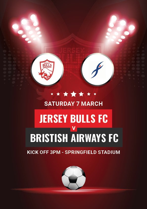 JerseyBullsFC's tweet photo. ITS MATCHDAY! 🤟

We take on British Airways at Springfield Stadium where we can break a Combined Counties League record with a win, and quite possibly get promoted if results go our way elsewhere! 👀 

Let’s do this lads! 👏 #BackTheBulls 

https://t.co/POa5Vhbngn https://t.co/vYP62XgJEI