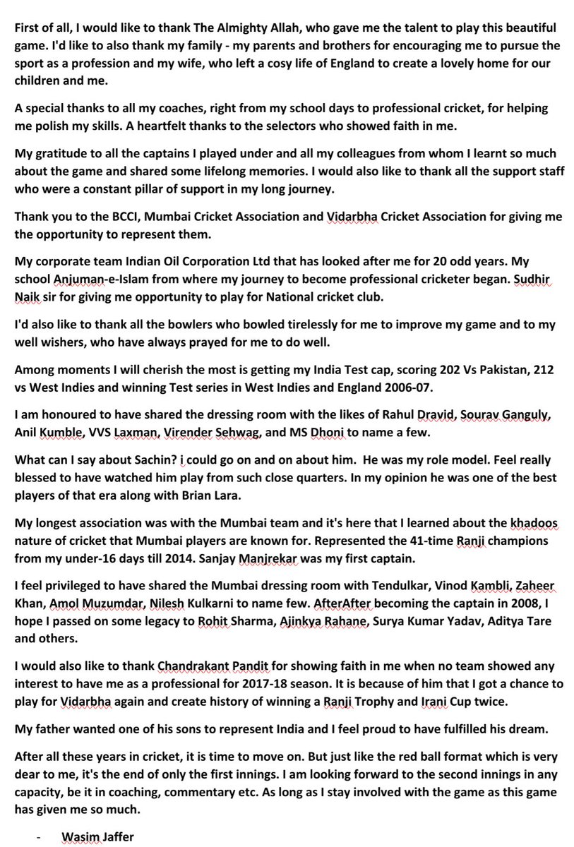 After 25 years of playing professional cricket, time has come to say goodbye. Thank you @BCCI @MumbaiCricAssoc, VCA, my teammates, media and fans. This is my official statement.