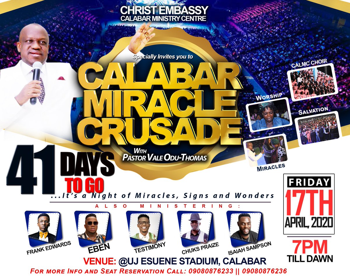 CalabarCrusade's tweet photo. It's finally here 41 days to go are you ready...
save the date 17th April 2020 U.J Esuene stadium. Calabar, Cross-river state.
Calabar Miracle Crusade https://t.co/y7fL0Hfjhm