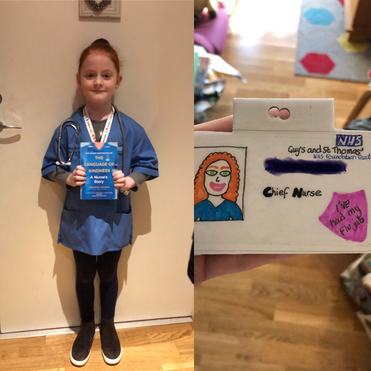 NurseCharlii's tweet photo. My Biscuit was inspired by #languageofkindness &amp; went as a nurse for #WorldBookDay. Not just any nurse though, she wanted to be a #chiefnurse @GSTTnhs @EvelinaLondon. @macshona she asked for her flu jab sticker on there too! #cno #futurenurse https://t.co/1oX4DqKzpe