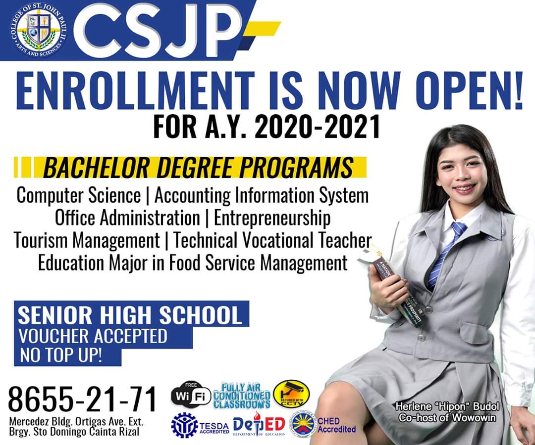 csjp_edu's tweet photo. ENROLLMENT IS NOW ONGOING‼

Please visit us at Mercedez Bldg, Ortigas Ave. Ext., Cainta, Rizal (Near Meralco Junction)
Call us at 8655-2171
#csjp #collegeofchoice #proudpaulinians #enrollnow #college #seniorhigh #hipon #herlenebudol #tesda #deped #ched https://t.co/bMbxK0UMKU