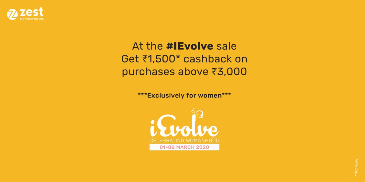 ZestMoney's tweet photo. This is your chance to celebrate the joys of being a woman! Pamper yourself with ZestMoney's #IEvolve sale, and get up to Rs. 1,500 cashback on purchases over Rs. 3,000!

What does womanhood mean to you? Tell us below using #IEvolve!

#ZestMoney #WomensDay #EMIForEveryone https://t.co/ag2aXItpzB