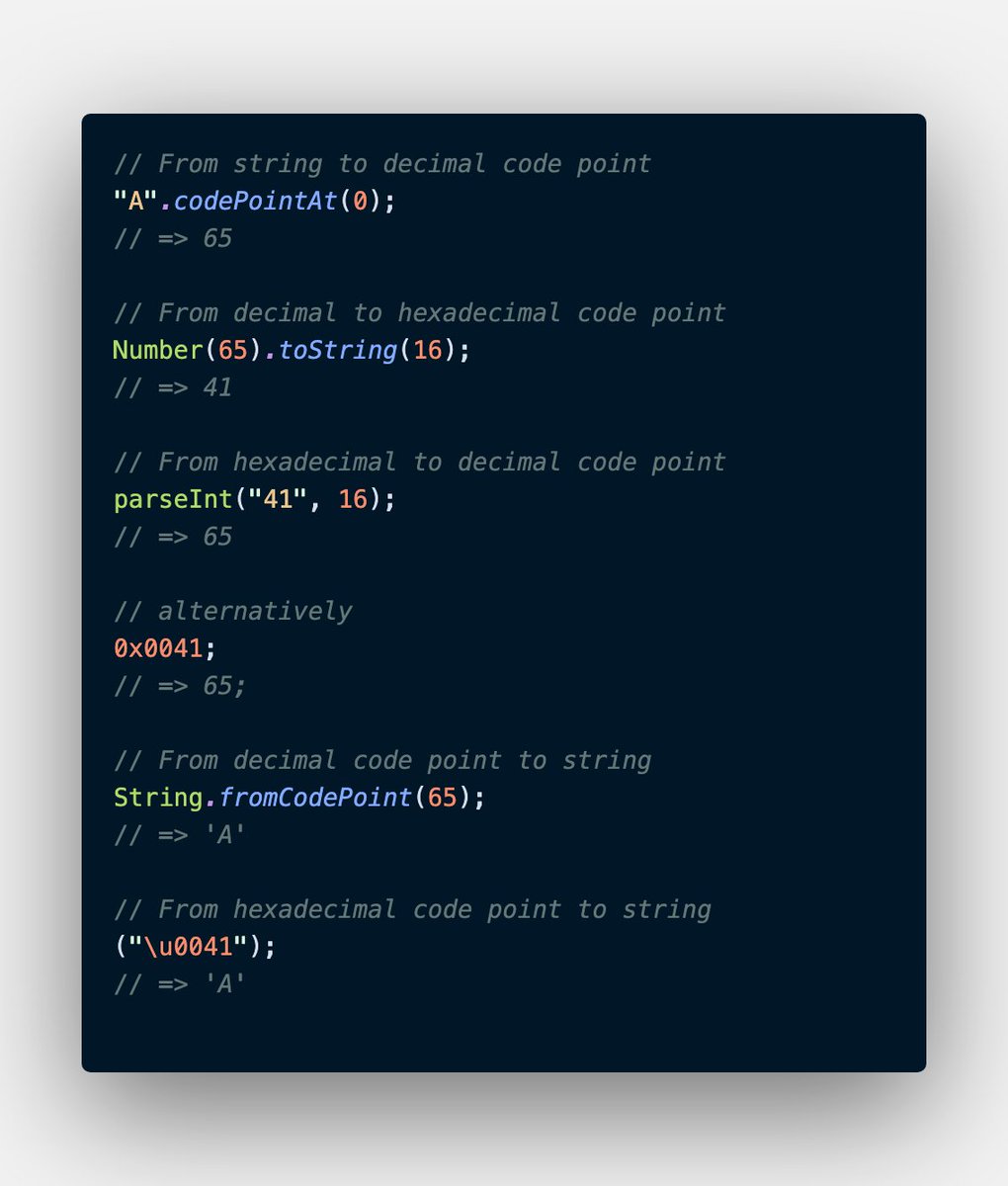 enzo_ferey's tweet image. This was very useful to me for understanding the triangle:

                                 String
                                 /        \
                               /            \
Decimal code point  --  Hexadecimal code point

#javascript #unicode #codepoint