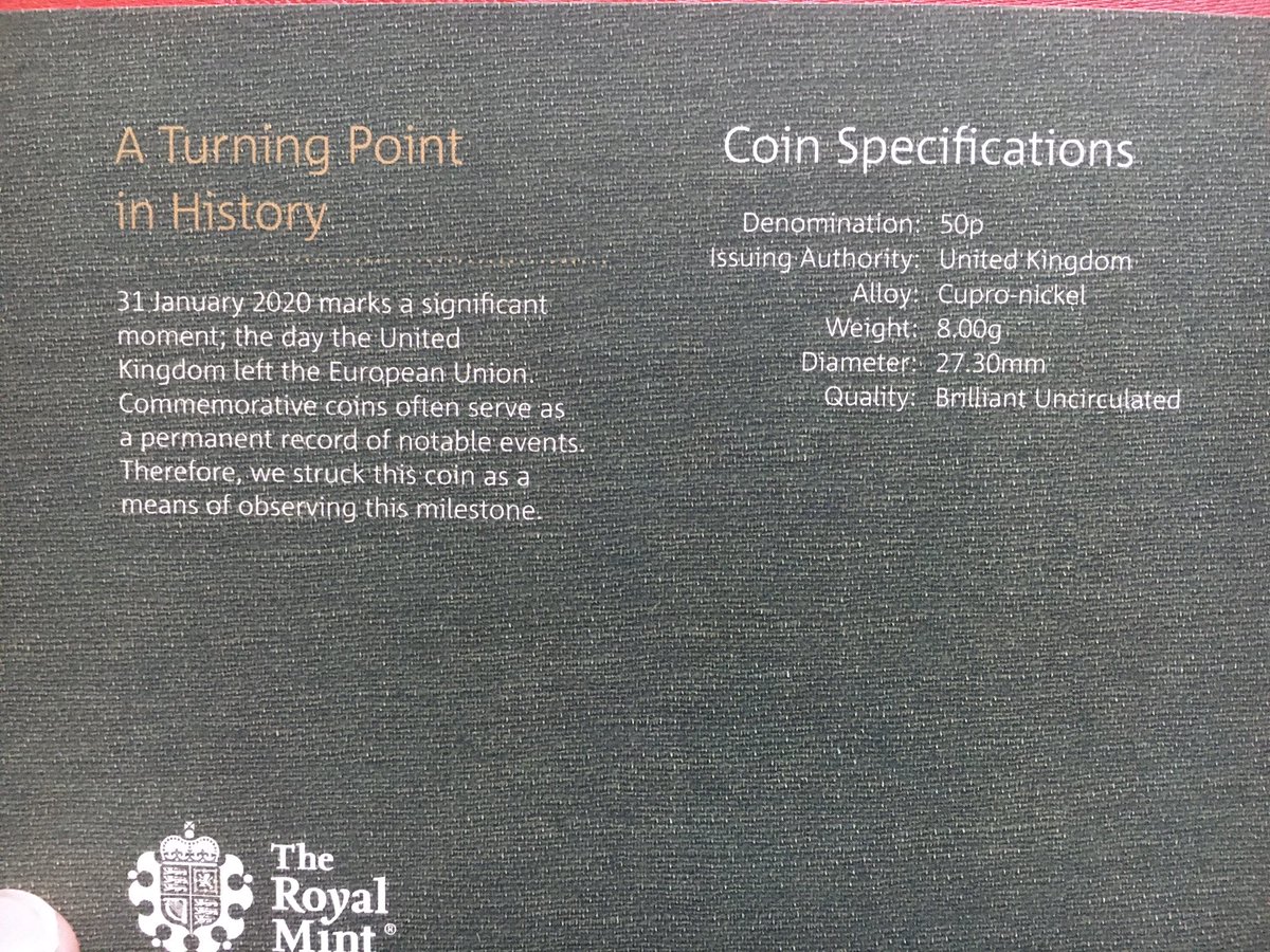 KevMonynys's tweet photo. Just had delivery of the official Royal Mint uncirculated Brexit 50p coin. #Brexit50p #BrexitCoin https://t.co/q9GEhrdjIu