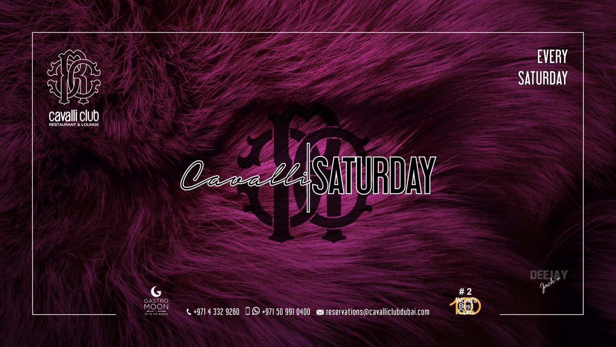 Cavalli Saturday
🍽 5-star À la carte menu
🍸Get a complimentary bottle of Roberto Cavalli vodka 
💃🏻Enjoy the best party in town
🎭Continue the party at Anonymous Lounge till 6 am

Are you coming?
📱Secure your spot now 800-CAVALLI