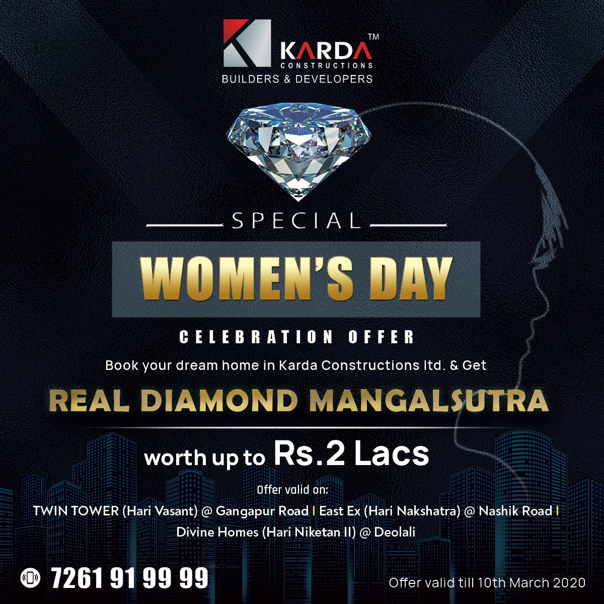 karda_ltd's tweet photo. Karda constructions Celebrate the joyous Occasion of Womanhood ,We are offering a Special REAL DIAMOND MANGALSUTRA up to 2 Lacs
On Karda Crysta 2,3 and 4 BHK Homes.
   Offer till 10th March
    📞 9545559114 https://t.co/8uu3hwFJDY