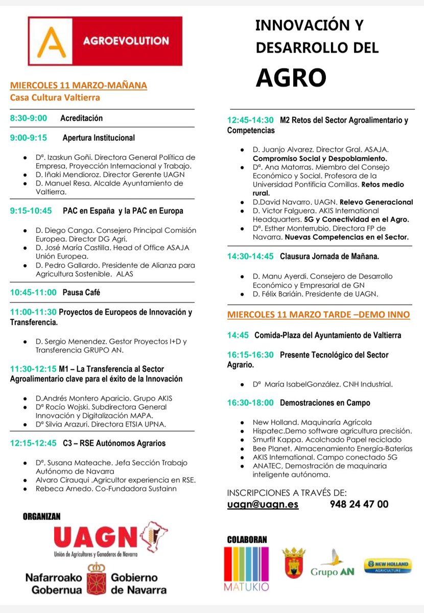 #Agroevolution‼️ No te puedes perder esta jornada, el próximo 11 de marzo, sobre #innovación y #desarrollo del #agro. Organizada por <a href="/UAGNavarra/">UAGN</a> y <a href="/gob_na/">Gobierno de Navarra</a>. ¡Inscríbete!