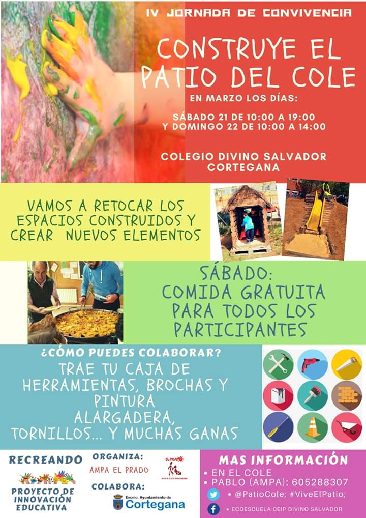PatioCole's tweet photo. Los próximos #sabado 21 y #domingo 22 de #marzo te invitamos a seguir reinventando el patio del colegio #DivinoSalvador de #Cortegana Si quieres saber más del proyecto ¡ven a vivirlo! @chinchimonete @AFIM21_alm @carme_ccols @mchlthmsbnntt @edufisicanatur @efmullois @pcaballerous https://t.co/21qiTbKHLV