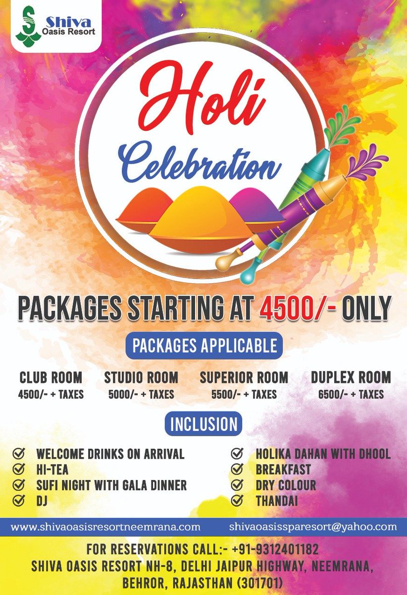 OasisShiva's tweet photo. Holi Celebration In Neemrana, Rajasthan.
Holi Special Tour Activities

1. Welcome Drinks On Arrival
2. Holika Dahan With Dhool
3. Hi-TEA 
4. Breakfast
5. Sufi Night With Gala Dinner
6. Dry Colour
7. DJ
8. Thandai

For more Enquires call us:- @91-9810378421 / +91-9312272216
#Holi https://t.co/o3jayhdxqb