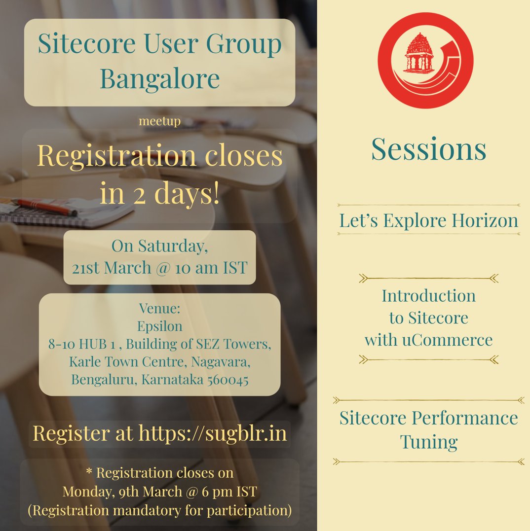 sugblr's tweet photo. Our upcoming meetup at Epsilon is on 21st March 2020! Registration closes in 2 days!
#sugblr #sitecoreug #sitecore #bangalore #meetup #ucommerce #sitecorehorizon #performancetuning #epsilon https://t.co/N2ThbMoLa2