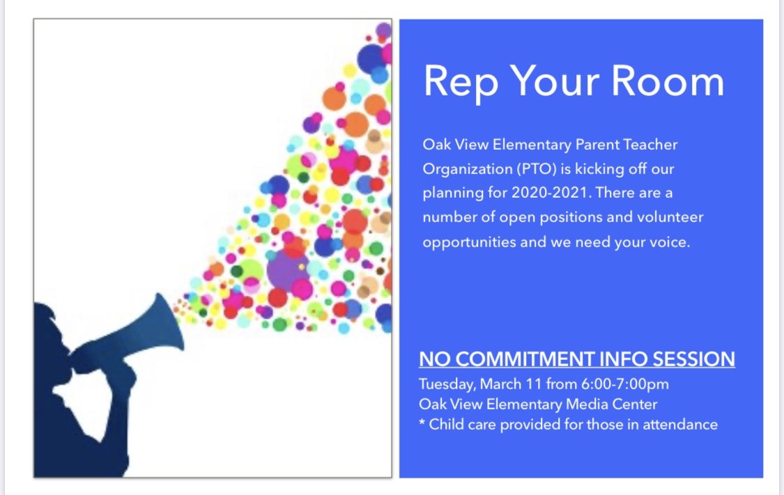 oakviewPTO279's tweet photo. Want to help your classroom?  Curious about what happens at meetings?  Here’s your opportunity! https://t.co/R1os7KqALK