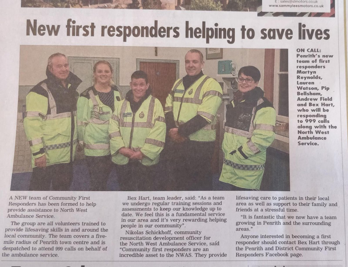 hart_apc's tweet photo. Our very own Bex featured in the @CWHerald this weekend with the new Penrith &amp; District First Responders team. @NWAmb_Resus_CL @NWAmbulance @PenrithPieMan https://t.co/7vTDP8qbQg