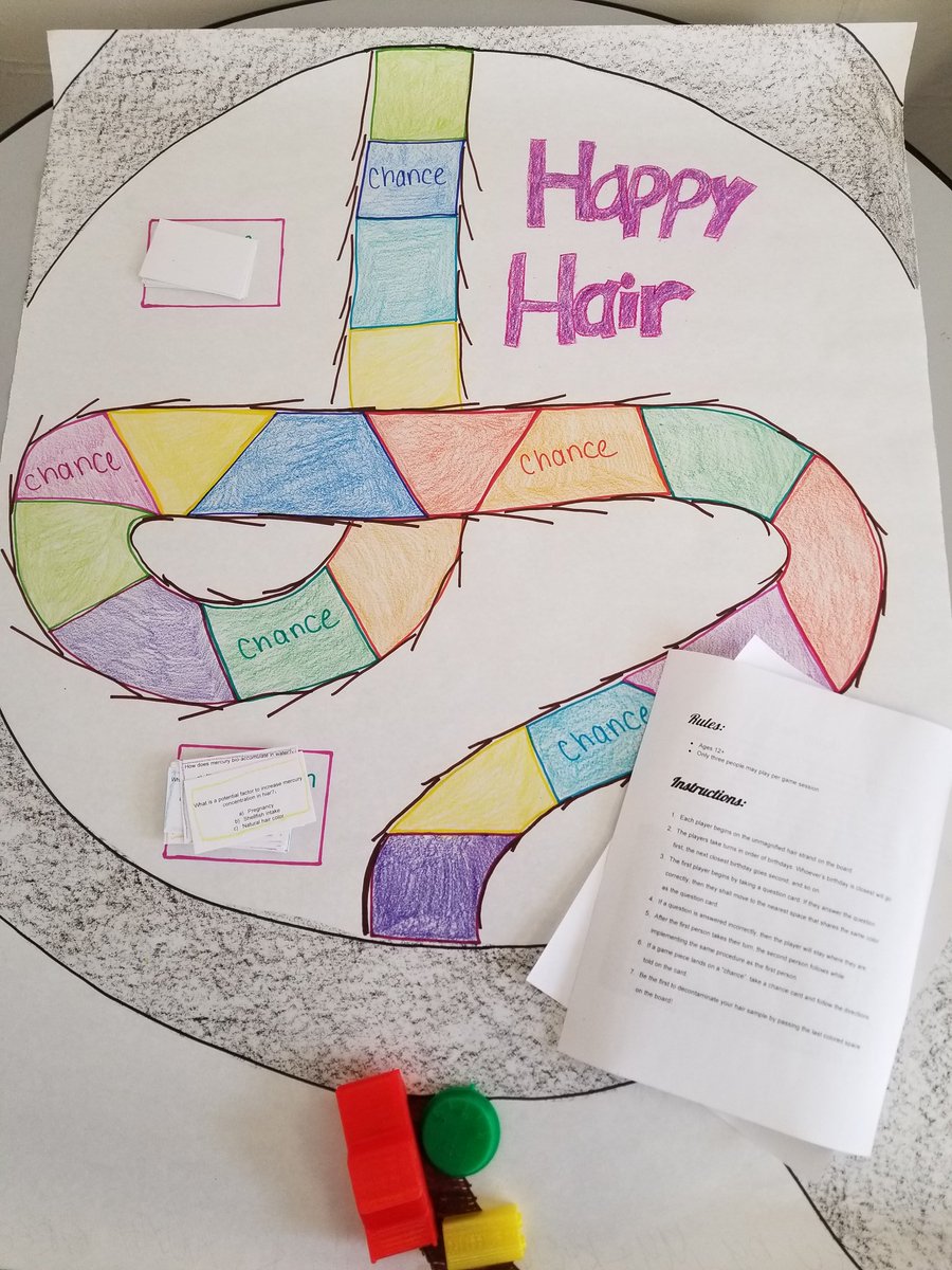 nbtooker's tweet photo. For my @mass_cee CEE121 class, the assignment was to learn about any measurement that a CEE might be interested in and tell me about it. One team made a board game about measuring mercury in hair. It has 3D printed pieces. #HappyHair #HappyProf https://t.co/Hc92cE1qe9