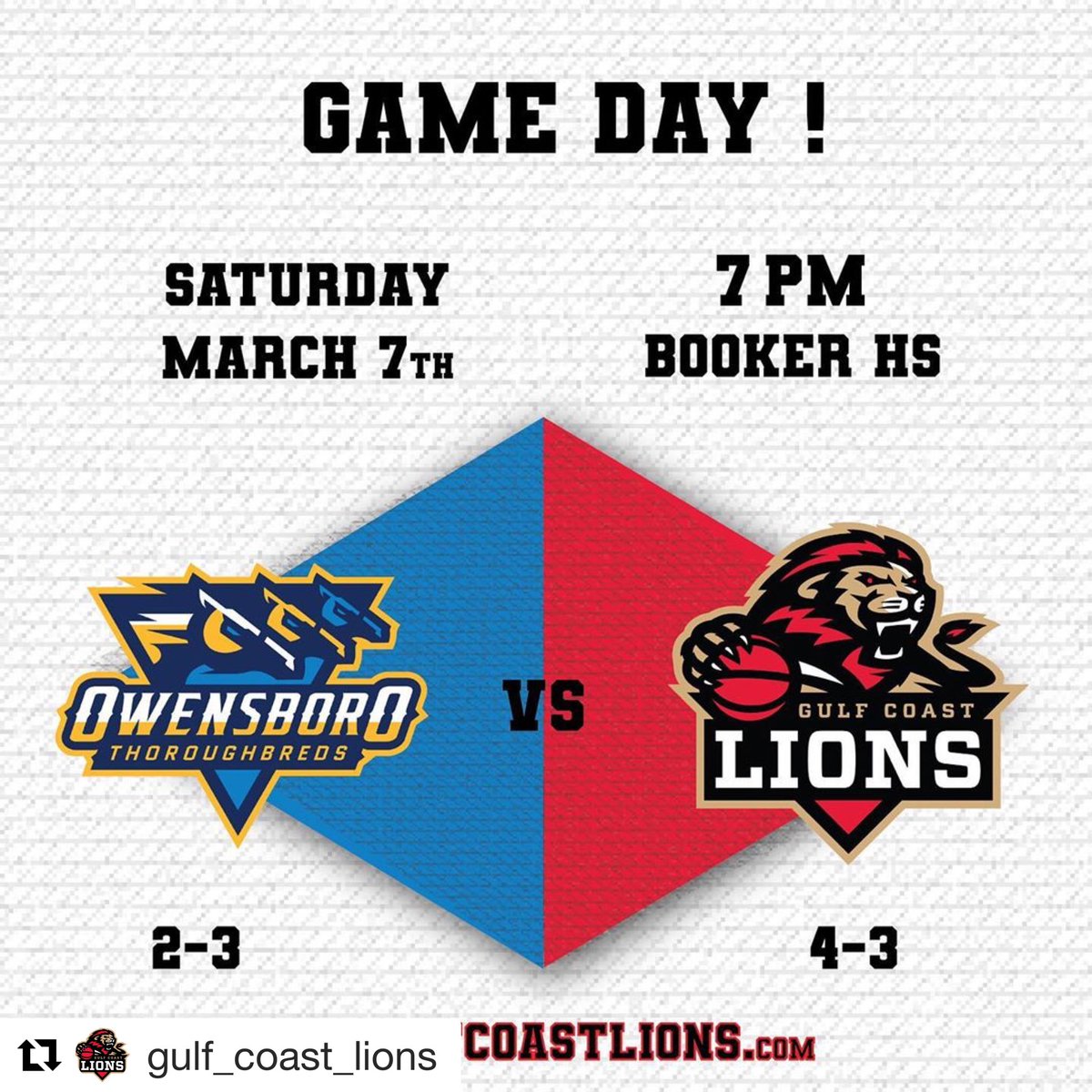 Both these teams are fighting for the middle of the pack to move up... #adifferentleague 
“Where the SPIRIT of the GAME LIVES”

 <a href="/GulfCoastLions/">Gulf Coast Lions</a> 
・・・
Another HOME game @ 7 PM at Booker High! Bring your friends &amp; family to watch some great, intense basketball this weekend!