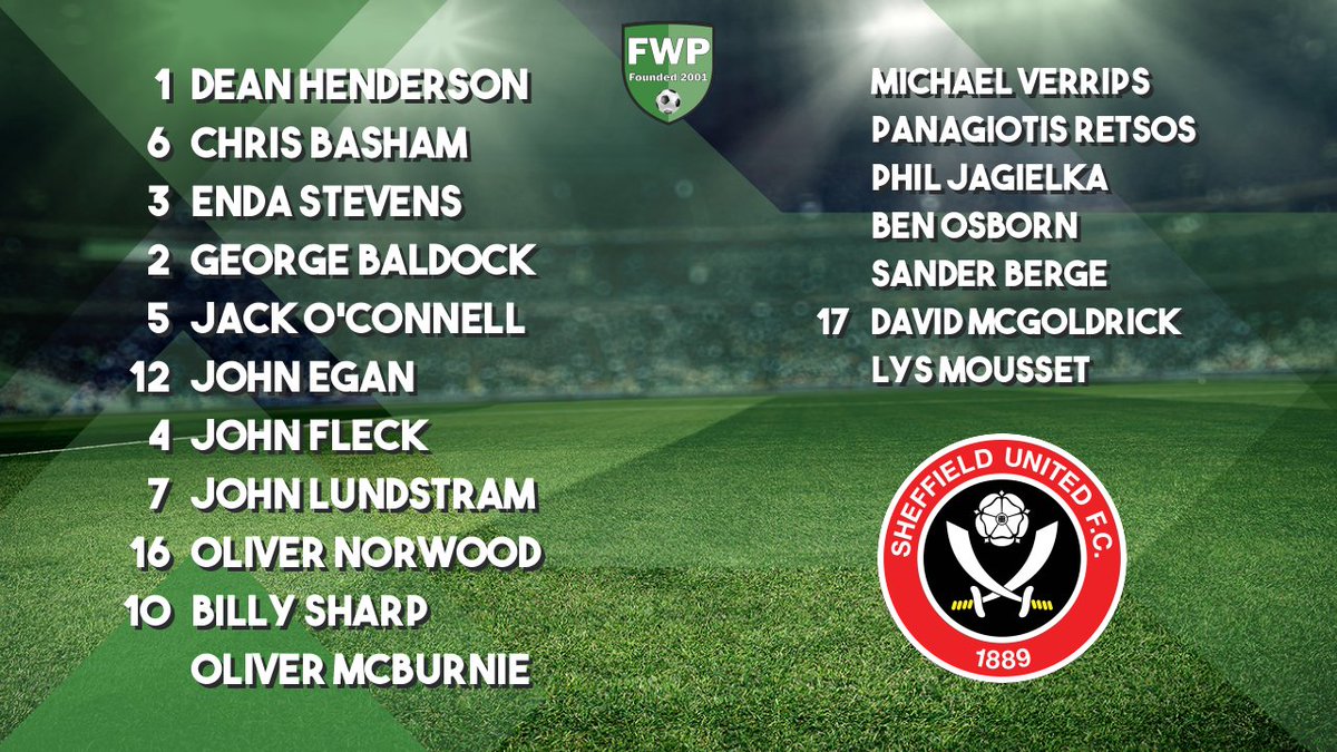 FWPSheffieldUtd's tweet photo. @FWPSHEFFIELDUTD: Henderson Basham Stevens Baldock O'Connell Egan Fleck Lundstram Norwood Sharp McBurnie; SUBS: Verrips Retsos Jagielka Osborn Berge McGoldrick Mousset https://t.co/FC3MfENfXY https://t.co/WslsPWUIQE