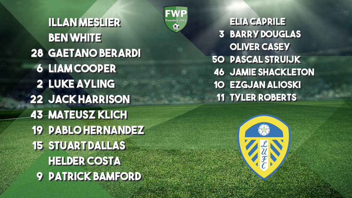 FWPLeedsUnited's tweet photo. @FWPLEEDSUNITED: Meslier White Berardi Cooper Ayling Harrison Klich Hernandez Dallas Costa Bamford; SUBS: Caprile Douglas Casey Struijk Shackleton Alioski Roberts https://t.co/mYjrTKDERV https://t.co/zwFfBPFvxa