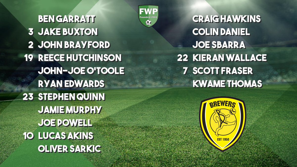 FWPBurtonAlbion's tweet photo. @FWPBURTONALBION: Garratt Buxton Brayford Hutchinson O'Toole Edwards Quinn Murphy Powell Akins Sarkic; SUBS: Hawkins Daniel Sbarra Wallace Fraser Thomas https://t.co/9MsB0kJKDz https://t.co/NTgS5RUmbK