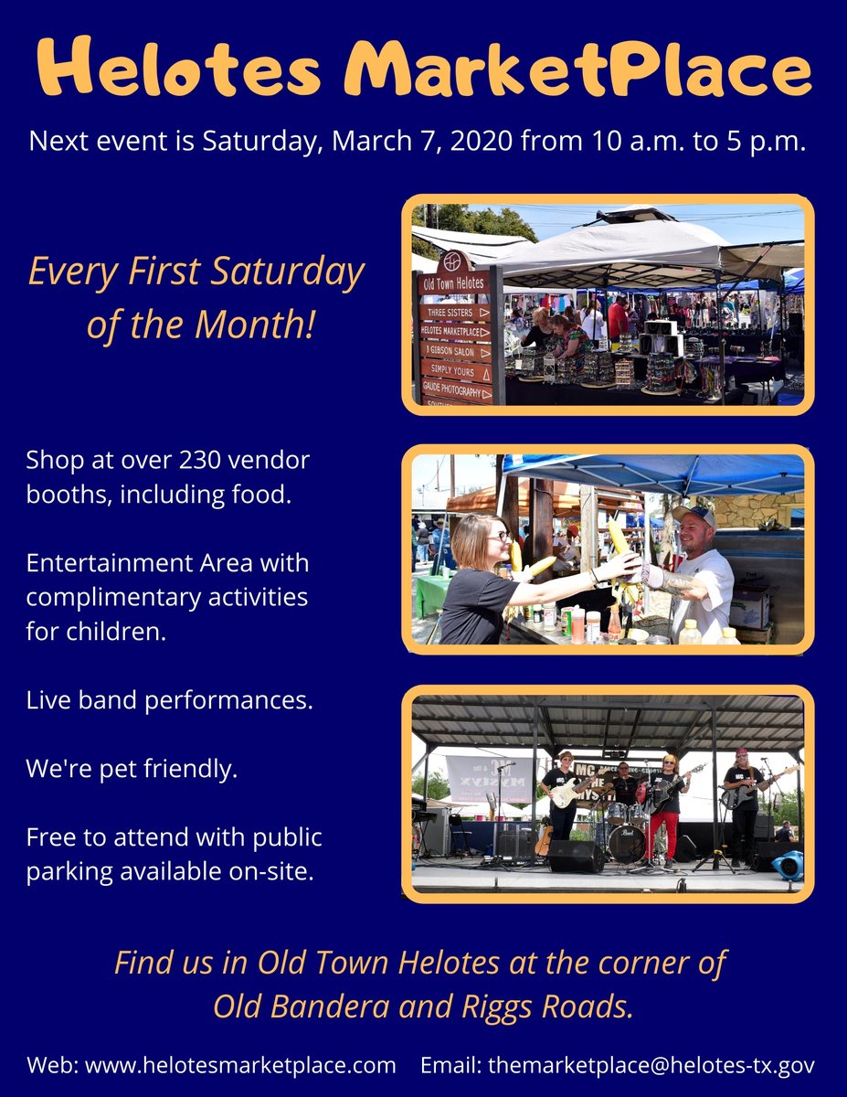 City_of_Helotes's tweet photo. The Helotes MarketPlace will be open TODAY in Old Town from 10 a.m. to 5 p.m. Enjoy live music and shopping at over 230 craft, retail, and food vendors at this popular community event. #helotesmarketplace #shophelotes #visithelotes https://t.co/yoaB3K6r68