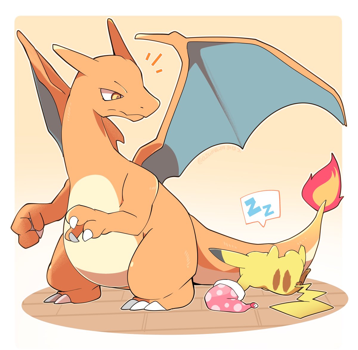 charizard ,pikachu pokemon (creature) no humans zzz claws flame-tipped tail standing sleeping  illustration images