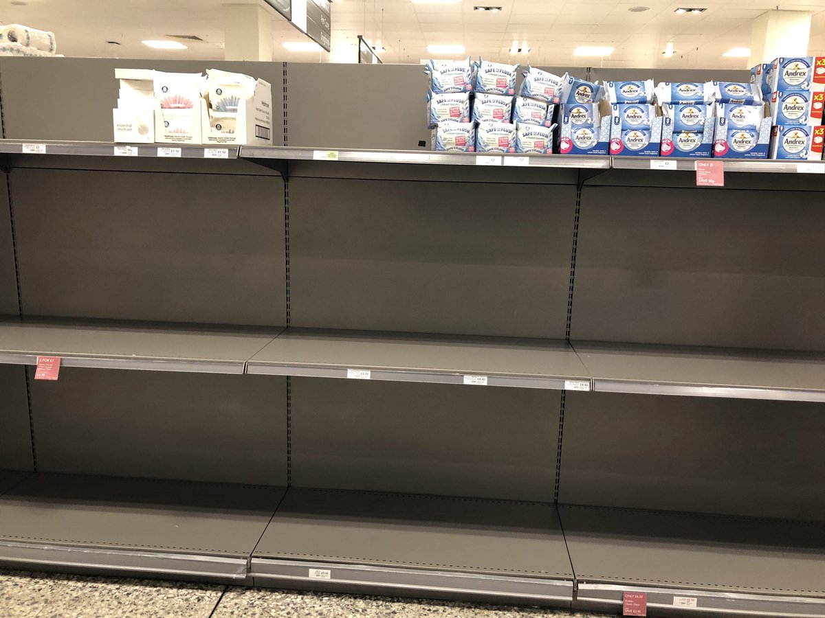 shrink38's tweet photo. Toilet roll shelves in Waitrose. Middle class apocalypse!! https://t.co/mmmCLR9jM5