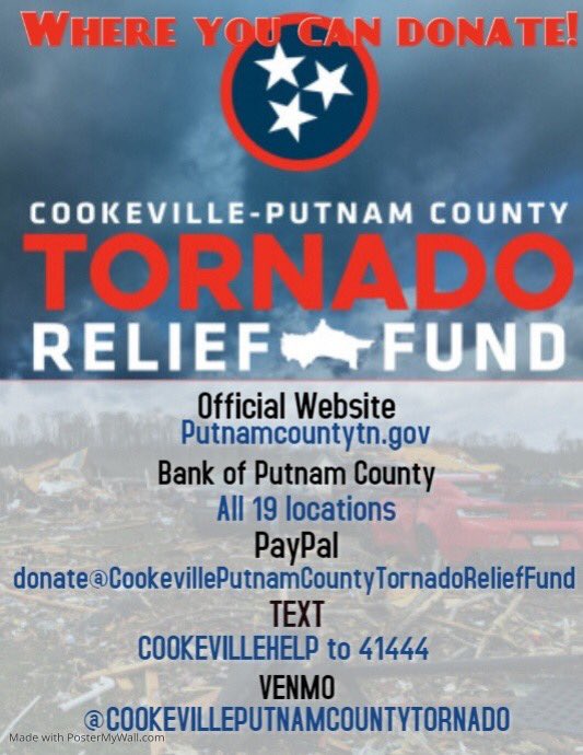 Cookeville10s's tweet photo. OFFICIAL Donation Accounts...

100% of the donations will go directly to the impacted victims. https://t.co/3YGdoVQ0UD