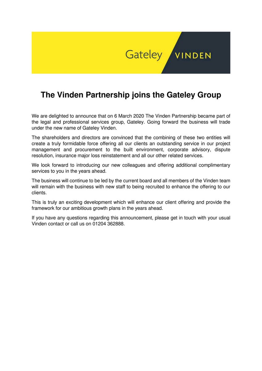 The Vinden Partnership has joined the Gateley Group .  .  . 
#construction #adr #projectmanagement #quantitysurveying