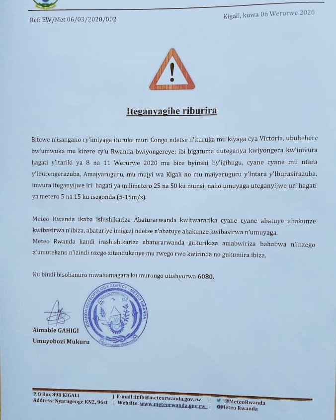 ⚠️ITEGANYAGIHE RIBURIRA⚠️

Hagati ya tariki ya 8 na 11 Werurwe 2020 biteganyijwe ko imvura iziyongera mu bice byinshi by'igihugu cyane cyane muri <a href="/RwandaWest/">Western Province I Rwanda</a> <a href="/RwandaNorth/">Northern Province/ Rwanda</a> <a href="/CityofKigali/">City of Kigali</a> no mu majyaruguru ya <a href="/RwandaEast/">𝐄𝐚𝐬𝐭𝐞𝐫𝐧 𝐏𝐫𝐨𝐯𝐢𝐧𝐜𝐞 | 𝐑𝐰𝐚𝐧𝐝𝐚</a> . Imvura iteganyijwe iri hagati ya mm 25 na 50 ku munsi.
