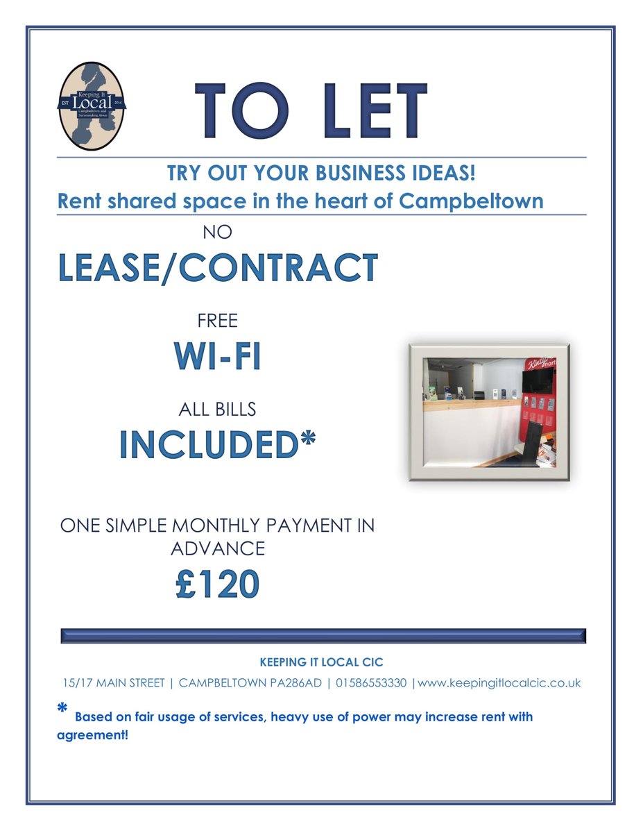 ALERT

Don't forget everyone if you have a small business idea and wish to give it a go then why not try no strings attached shared space in the heart of Campbeltown. #startingyourownbusiness #keepingitlocal #assisitingourcommunities #realisingyourpotential #followyouraspirations