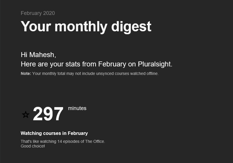 pmsuntuwarg's tweet photo. Here is my pluralsight watchtime for the month of february.
So excited to share it.
I hope I will beat that time for the month of march. 
Lets see what happens.

#pluralsight #watchtime #programming #learning https://t.co/JoGDAELSOW