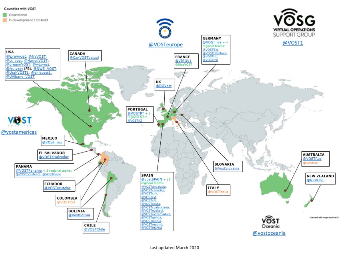 With the new arrival of <a href="/VostSlovakia/">VostSlovakia</a> in Europe, and <a href="/UAlbany_VOST/">UAlbany Virtual Operations Support Team</a> in the US, we have updated the map showing countries with #VOST presence (there are teams that are operational and teams in development or on-hold).
#VOSTfamily #WeAreVOST