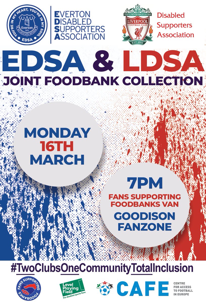 EdsaEfc's tweet photo. As part of the @cafefootball &amp; @lpftweets #WeekofAction, we and @LiverpoolDSA are delighted to launch Foodbank collections at next weekend's derby &amp; mini-derbies. We may be two rival clubs, but we are one city &amp; one community #TwoClubsOneCommunityTotalInclusion #TotalAccess https://t.co/o7LGVIHebM