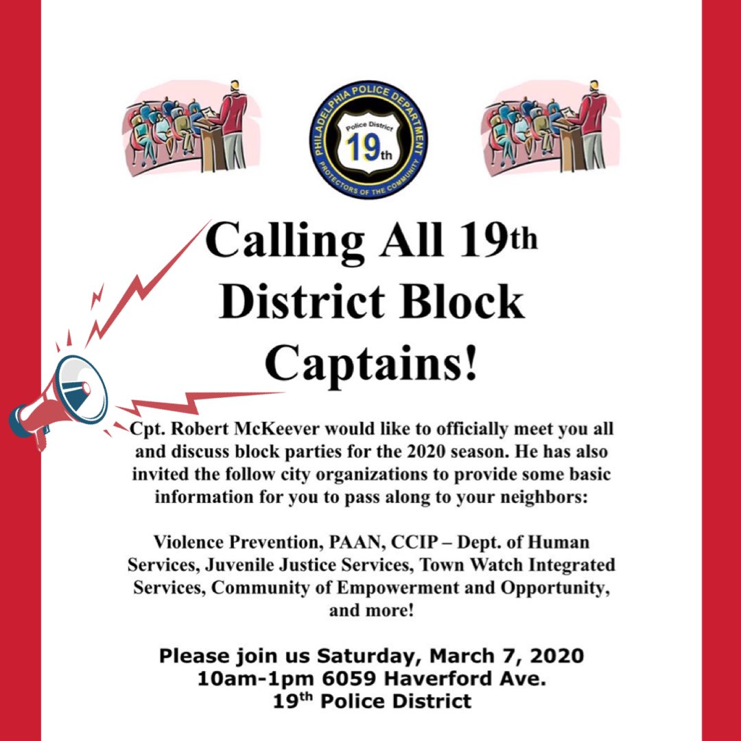 PO_Washington_'s tweet photo. Good morning! Are you or someone you know, a Block Captain or acting Block Captain? If so, be sure to join us today at 10am as we get you prepared for the warmer months! You don’t want to miss this! #19thCommunityPride #ThePHLWay #BlockCaptains https://t.co/4xR4PtTblP