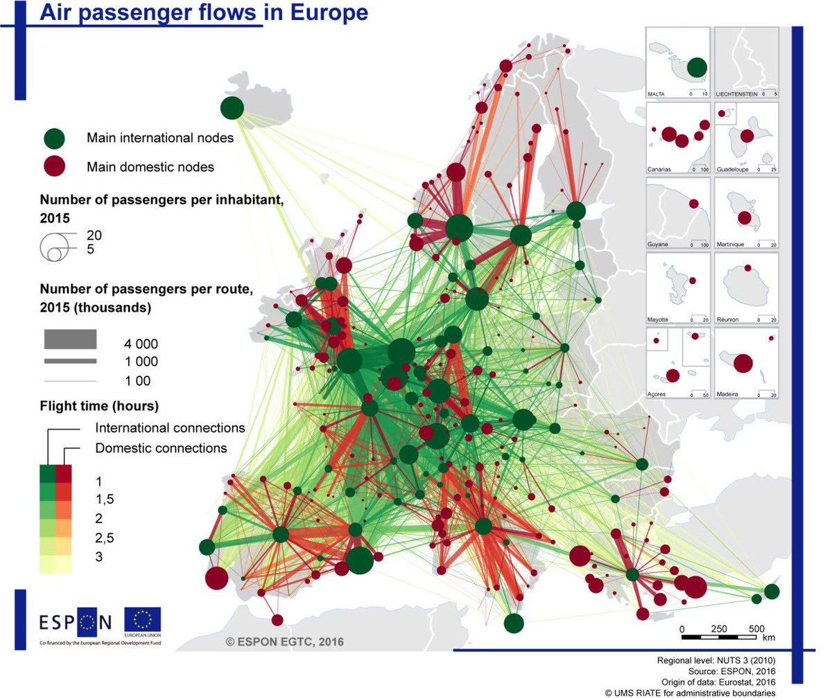 地図フリーク Sur Twitter 欧州内の航空旅客のフロー 赤は国内線 緑は国際線 太さは旅客数を表す T Co 3has1rfbdp ロンドン ベネルクス 独仏国境沿いを国際線が塗り潰す 人口密度が特に高い地域だ イタリア スペインでは 首都ではなくミラノ