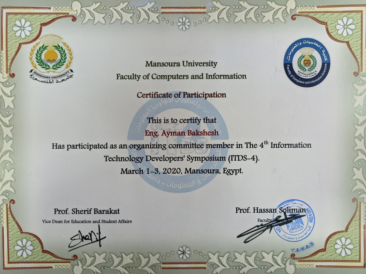 Ayman_Bakshesh's tweet photo. To document the first official appreciation certificate from the college after many and many challenges,
I hope to continue ...
#life_event https://t.co/EcltruB8eh