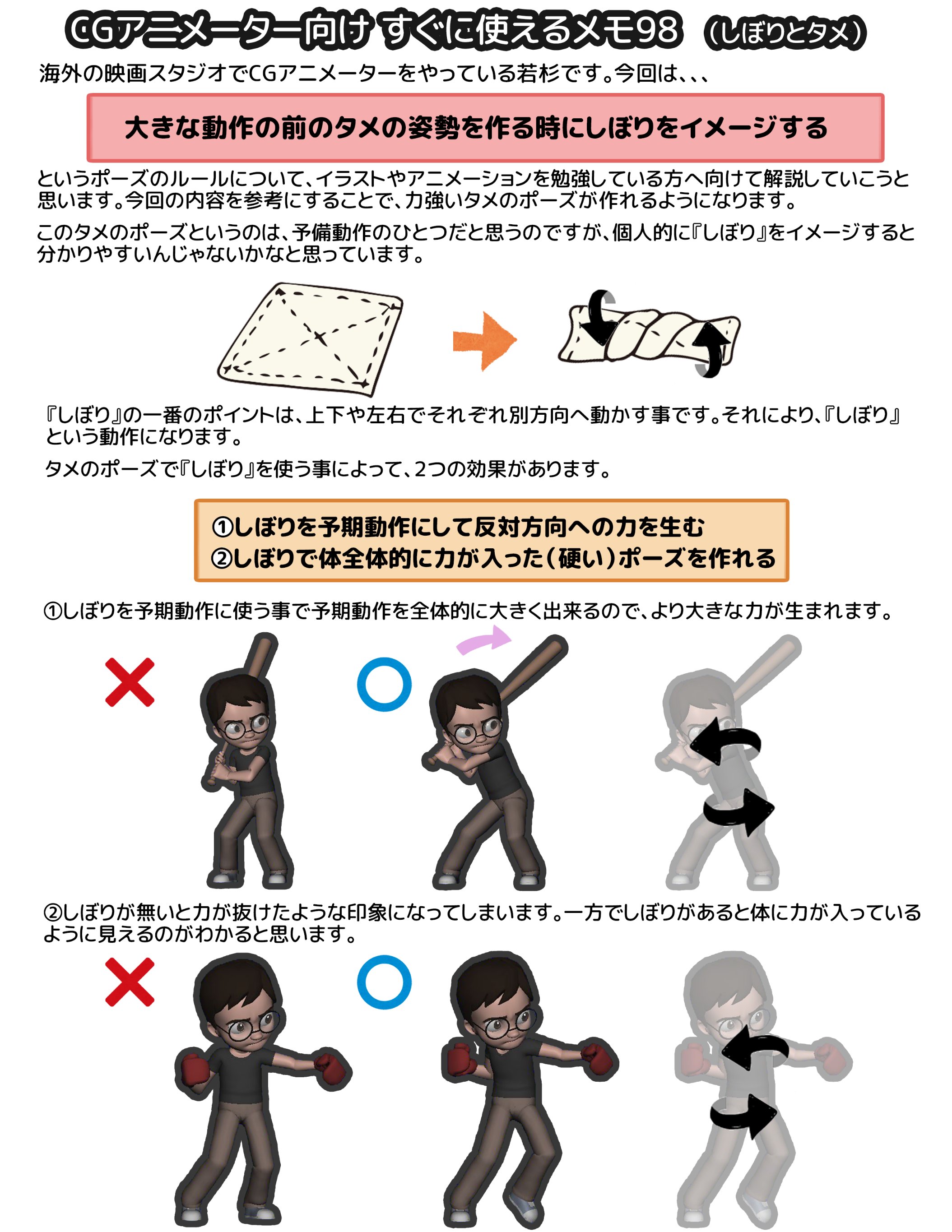 わかすぎ 走る海外cgアニメーター しぼりとタメ 再 イラストやアニメーションで動作を大きく見せるために大事になってくるのがタメのポーズです このタメのポーズを作る時には 僕は 雑巾しぼり をイメージしてポーズを作っています 今回はこの