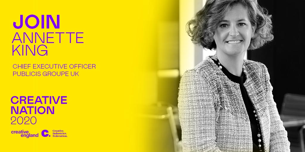 CreativeUK_News's tweet photo. 📢Announcing another creative speaker for #CreativeNation2020-Annette King!
-CEO of @PublicisGroupe UK✔️
-Chair of the Creative Industries Trade & Investment Board✔️
-One of @LondonEvening Standard's most influential people ✔️ https://t.co/mA4SMUnZNe