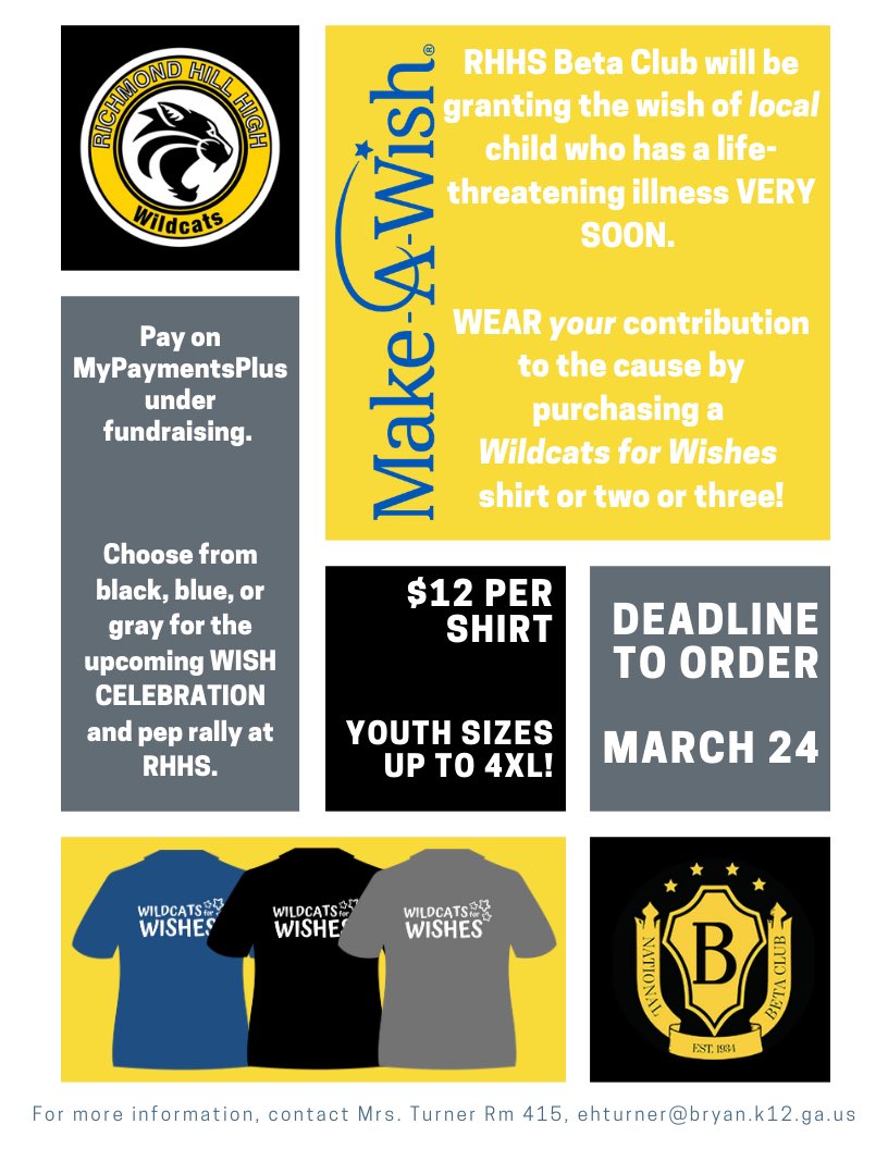 <a href="/RichmondHill_HS/">Richmond Hill High</a> <a href="/RichmondHillMS/">RHMS</a> <a href="/RHES_Wildcats/">RHES</a> <a href="/RichmondHill_PS/">RHPS</a> <a href="/CarverES_RH/">GWC Elementary</a> <a href="/McAllister_ES/">McAllister ES</a> Come on Wildcats! Get yours today and support <a href="/MakeAWishGA/">Make-A-Wish Georgia</a> before time runs out. On MyPaymentsPlus now under fundraisers! #WildcatsforWishes