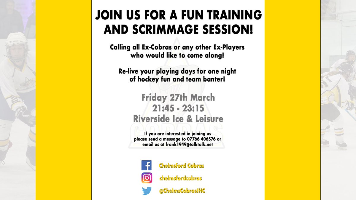 Calling all Ex-Cobras or any other Ex-Players, come and join us for a fun night of training and a scrimmage! 🐍🏒 

#cobrasicehockey #essexsport #womenshockey #sportessex #femalesport #wnihl