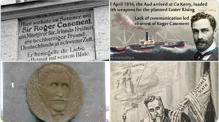 Roger Casement 1864-1916. Born Sandycove, Dublin. Worked in the Congo; because of report on rubber workers' treatment, King Leopold had to hand control back to Belgian government! Became Sir, when wrote similar report on Peru! Executed for role in Rising; 1,500 rifles to Ireland!