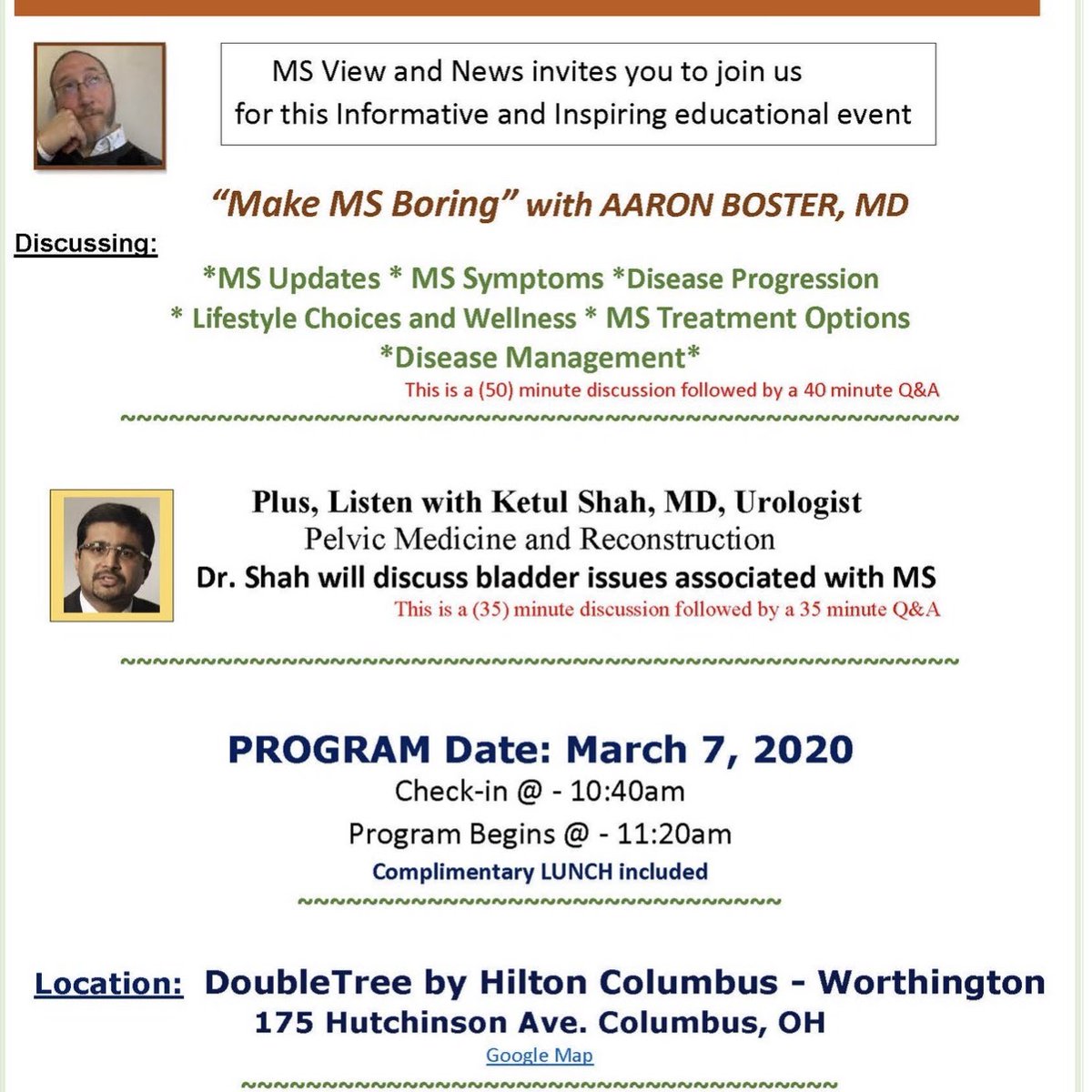 AaronBosterMD's tweet photo. I'm excited to present today on How to #MakeMSBoring at @MSViewsandNews symposia in Central Ohio. Dr. Shah, expert Urologist, will present on Bladder and #MS. It's going to be a great event! https://t.co/RGTBELMIxv