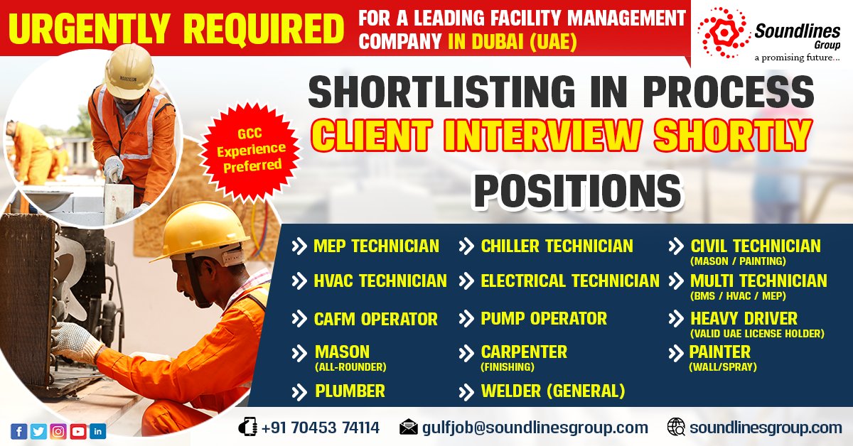GroupSoundlines's tweet photo. URGENTLY REQUIRED FOR A LEADING FACILITY MANAGEMENT COMPANY IN DUBAI (UAE)
APPLY NOW!!
#MEPTECHNICIAN #HVACTECHNICIAN #CAFMOPERATOR #MANSON #UAE #JOBS2020 #UAEJOBS #SOUNDLINESHRCONSULTANCY #SOUNDLINESGROUP #SLG #SLGUAE #OVERSEASJOBS #HAYYAKUM2020 #EXPO2020 https://t.co/IFEnjNoT9X